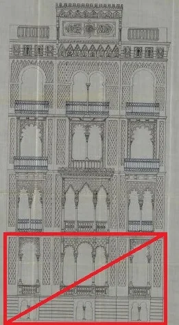 Clic per ampliar fotografia o plànol Plànol original de la Casa Pere Llibre amb el pis principal i semisoterranis desapareguts marcats en vermell