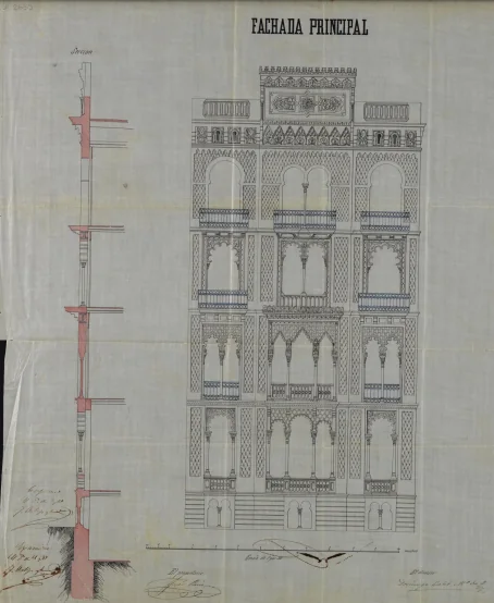 Clic per ampliar fotografia o plànol Plànol original de la façana principal i secció de la Casa Pere Llibre signat per Domènec Balet Nadal (1871)