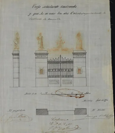 Clic per ampliar fotografia o plànol Plànol d'agost de 1870 del reixat i porta d'accés al Teatre Espanyol entre les dues cases, signat per Domènec Balet