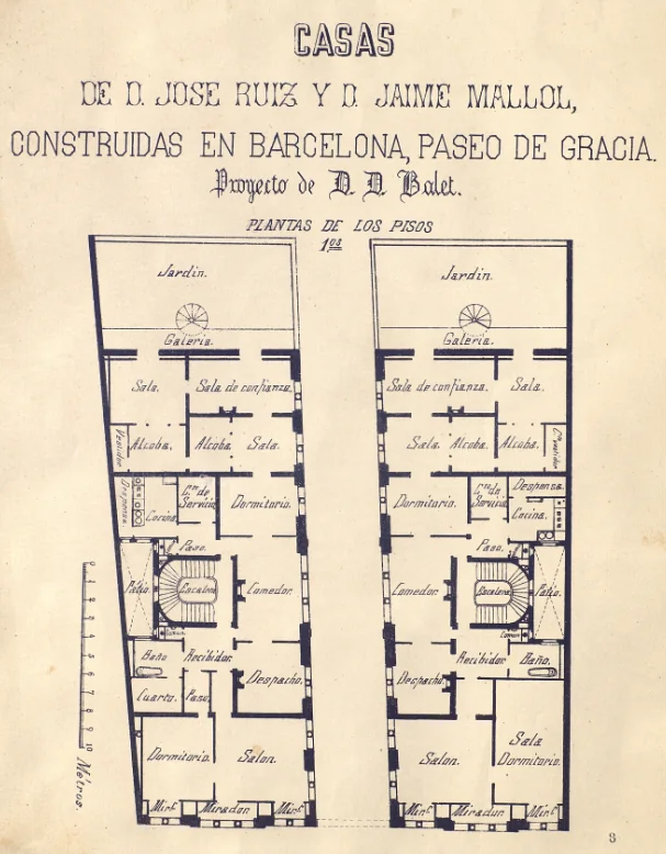 Clic per ampliar fotografia o plànol Plànol de les plantes dels pisos primers (Cases de D. José Ruiz i D. Jaime Mallol, projecte de Domènec Balet)