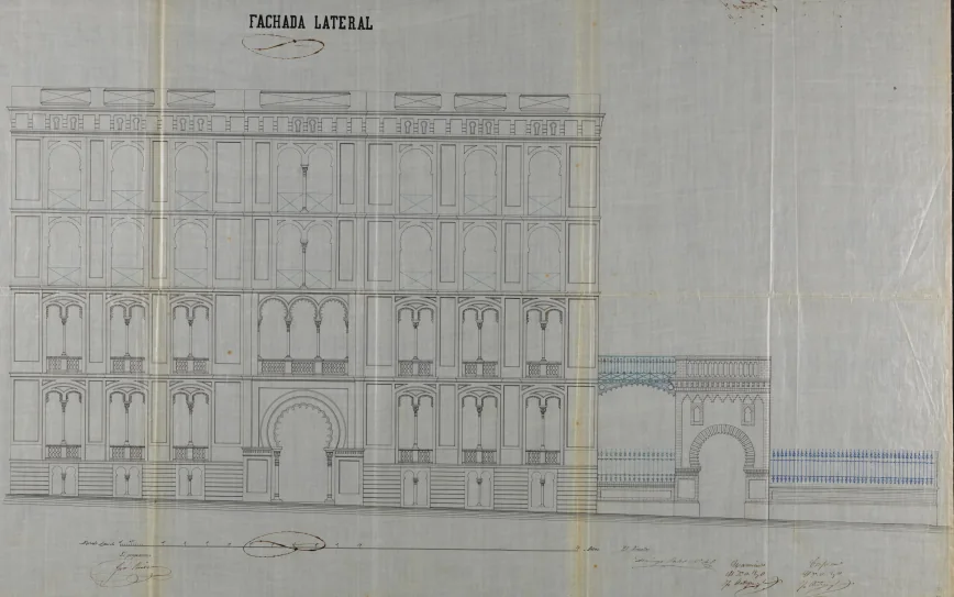 Clic per ampliar fotografia o plànol Plànol original de la façana lateral al passatge de la Casa Pere Llibre signat per Domènec Balet Nadal