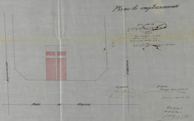 Clic per ampliar fotografia o plànol Plànol d'emplaçament al Passeig de Gràcia signat pel mestre d'obres Domingo Balet el 4 d'agost de 1888