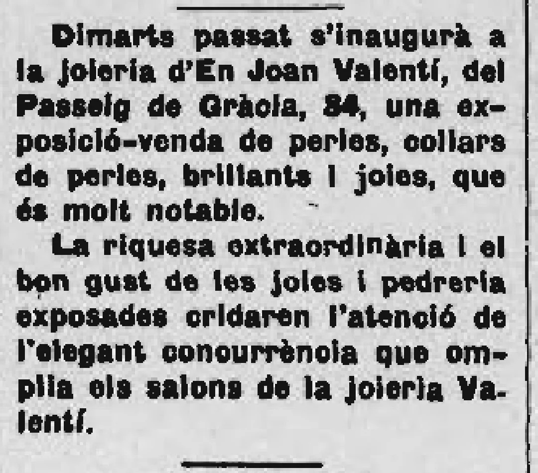 Clic per ampliar fotografia o plànol Anunci històric a La Publicitat (29.11.1923) de Valentí al Passeig de Gràcia