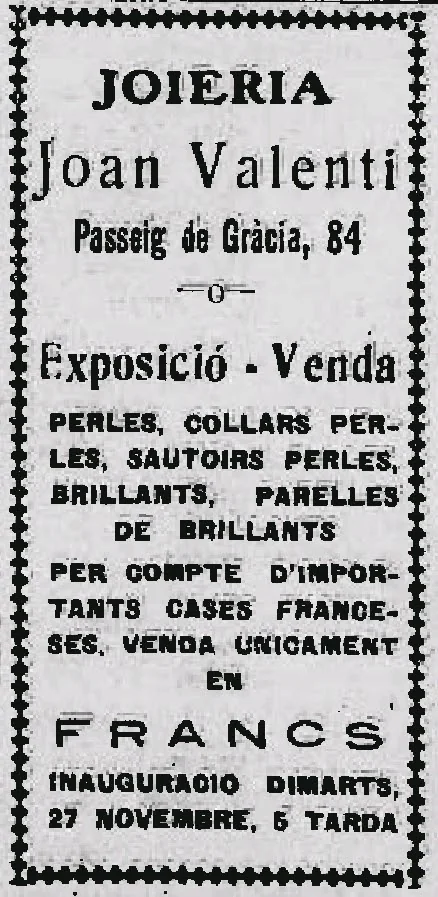Clic per ampliar fotografia o plànol Publicitat d'època de la casa Valentí vinculada al Passeig de Gràcia de Barcelona