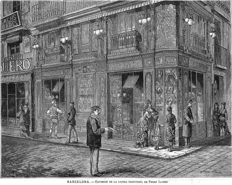 Cliquez pour agrandir la photographie ou le plan Gravure historique du XIXe siècle de l'intérieur de la confiserie de luxe Casa Llibre rue Ferran à Barcelone