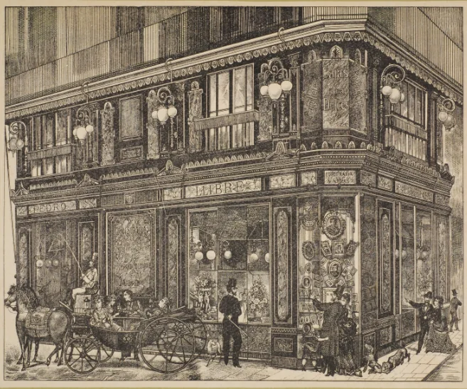 Cliquez pour agrandir la photographie ou le plan Gravure d'époque de la confiserie de Pere Llibre à l'angle de la rue Ferran et de La Rambla