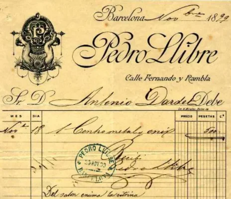 Cliquez pour agrandir la photographie ou le plan Facture commerciale originale de l'année 1889 émise par l'établissement de Pedro Llibre à Barcelone