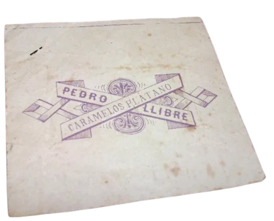 Cliquez pour agrandir la photographie ou le plan Emballage original du XIXe siècle des bonbons à la banane de Pedro Llibre