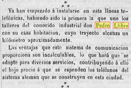 Cliquez pour agrandir la photographie ou le plan Article du journal El Bien Público (7 mars 1878) sur la première ligne téléphonique fixe de Pere Llibre à Barcelone